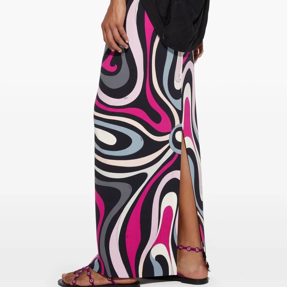 Emilio Pucci Black, Pink & White Abstract Maxi Skirt with Side Slit